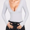 Verity Ribbed Modal Long-Sleeve Plunge Bodysuit in Grey