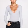 Verity Ribbed Modal Long-Sleeve Plunge Bodysuit in Grey