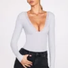 Verity Ribbed Modal Long-Sleeve Plunge Bodysuit in Grey