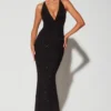 Verona Embellished Plunge Halter Neck Evening Gown in Black