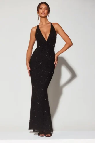 Verona Embellished Plunge Halter Neck Evening Gown in Black
