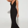 Verona Embellished Plunge Halter Neck Evening Gown in Black