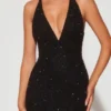 Verona Embellished Plunge Halter Neck Evening Gown in Black