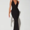 Verona Embellished Plunge Halter Neck Evening Gown in Black