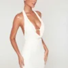 Versailles Deep Plunge Embellished Mini Dress in White
