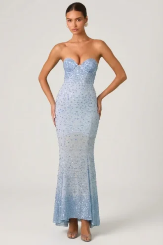 Vesna Embellished Sweetheart-Neck Fishtail Gown in Sky Blue