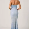 Vesna Embellished Sweetheart-Neck Fishtail Gown in Sky Blue