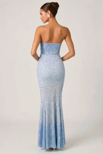 Vesna Embellished Sweetheart-Neck Fishtail Gown in Sky Blue