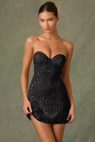 Viela Embellished Sweetheart-Neck A-Line Mini Dress in Black