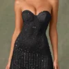 Viela Embellished Sweetheart-Neck A-Line Mini Dress in Black