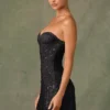 Viela Embellished Sweetheart-Neck A-Line Mini Dress in Black