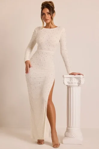 Vienna Embellished Long Sleeve Backless Maxi Dress in White