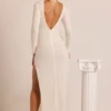 Vienna Embellished Long Sleeve Backless Maxi Dress in White