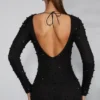 Vienna Long Sleeve Embellished Backless Maxi Dress in Black