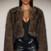 Vintera Cropped Faux-Fur Jacket in Chocolate Brown