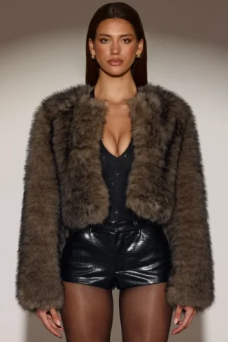 Vintera Cropped Faux-Fur Jacket in Chocolate Brown