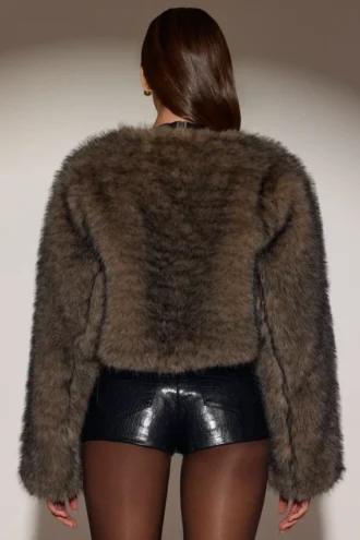 Vintera Cropped Faux-Fur Jacket in Chocolate Brown
