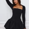 Viola Long-Sleeve Bubble Hem Mini Dress in Black