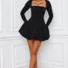 Viola Long-Sleeve Bubble Hem Mini Dress in Black