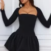Viola Long-Sleeve Bubble Hem Mini Dress in Black