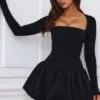 Viola Long-Sleeve Bubble Hem Mini Dress in Black