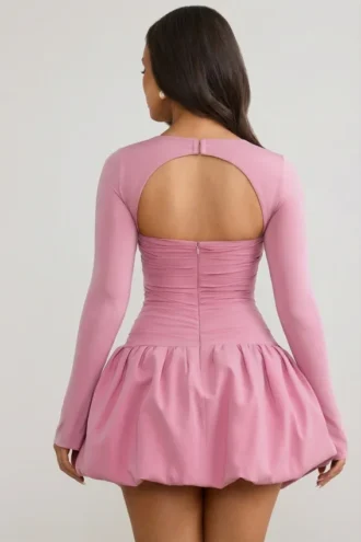 Viola Long-Sleeve Bubble Hem Mini Dress in Mauve