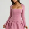 Viola Long-Sleeve Bubble Hem Mini Dress in Mauve