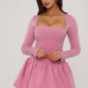Viola Long-Sleeve Bubble Hem Mini Dress in Mauve