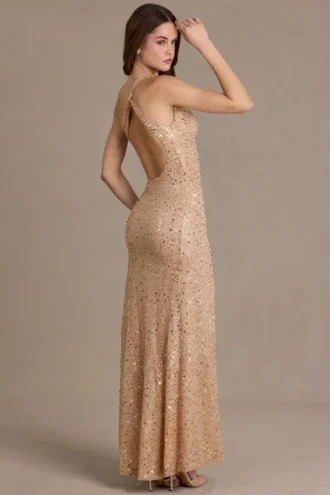 Violette Embellished Asymmetric One-Shoulder Maxi Dress in Beige Gold