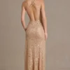 Violette Embellished Asymmetric One-Shoulder Maxi Dress in Beige Gold