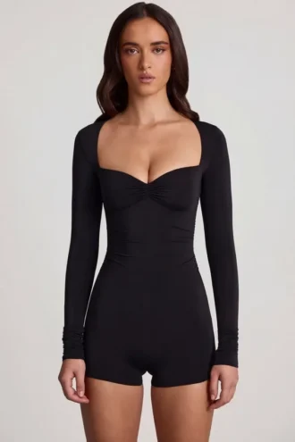 Vionne Soft Jersey Sweetheart Long-Sleeve Mini Playsuit in Black