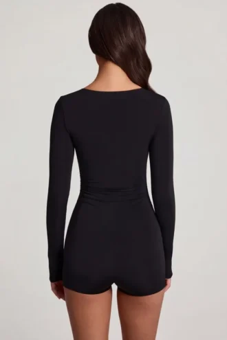 Vionne Soft Jersey Sweetheart Long-Sleeve Mini Playsuit in Black