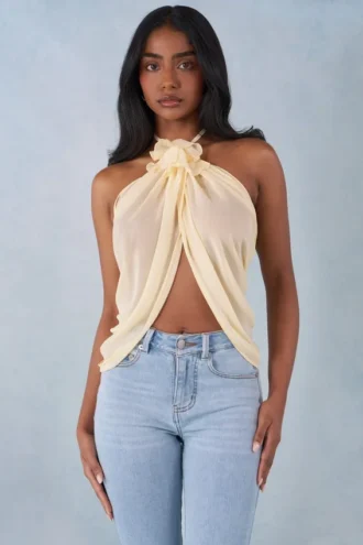 Virelle Halterneck Open-Front Top in Butter Yellow