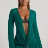 Vista Bead-Embellished Cowl-Neck Sheer Mini Dress in Jade Green