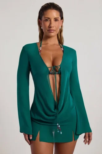 Vista Bead-Embellished Cowl-Neck Sheer Mini Dress in Jade Green