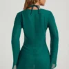 Vista Bead-Embellished Cowl-Neck Sheer Mini Dress in Jade Green