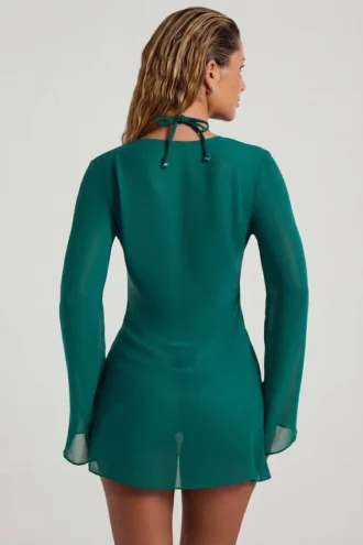 Vista Bead-Embellished Cowl-Neck Sheer Mini Dress in Jade Green