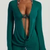 Vista Bead-Embellished Cowl-Neck Sheer Mini Dress in Jade Green