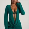 Vista Bead-Embellished Cowl-Neck Sheer Mini Dress in Jade Green
