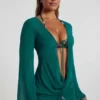 Vista Bead-Embellished Cowl-Neck Sheer Mini Dress in Jade Green