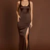 Vittoria Scoop-Neck Lace-up Back Maxi Dress in Chocolate Brown