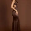 Vittoria Scoop-Neck Lace-up Back Maxi Dress in Chocolate Brown