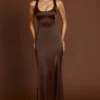 Vittoria Scoop-Neck Lace-up Back Maxi Dress in Chocolate Brown