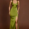 Vittoria Scoop-Neck Lace-up Back Maxi Dress in Olive Green