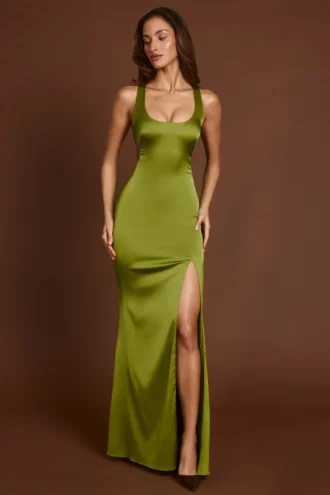 Vittoria Scoop-Neck Lace-up Back Maxi Dress in Olive Green