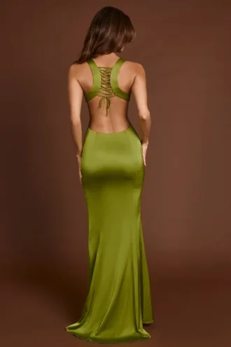 Vittoria Scoop-Neck Lace-up Back Maxi Dress in Olive Green