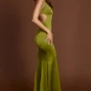 Vittoria Scoop-Neck Lace-up Back Maxi Dress in Olive Green