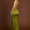Vittoria Scoop-Neck Lace-up Back Maxi Dress in Olive Green