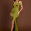 Vittoria Scoop-Neck Lace-up Back Maxi Dress in Olive Green