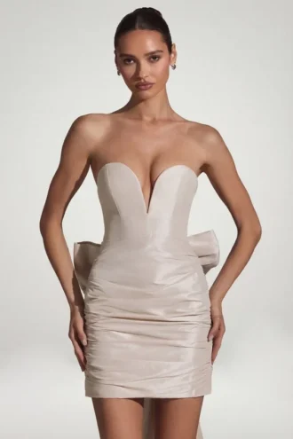 Viviana Satin Bow-Detail Strapless Mini Dress in Ivory